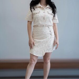 Cream Pearl Embellished top and skirt set